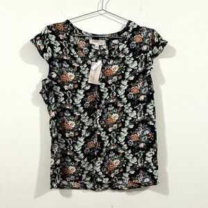 NWT Philosophy Women’s Floral V-Neck Blouse M Black Multicolor Flutter Sleeve